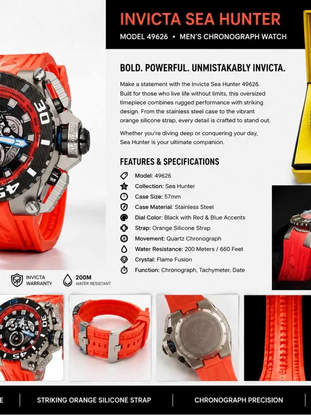 Invicta Orange Silicone Strap Men's Chronograph Watch - Black Dial